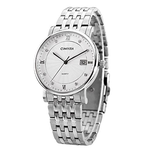 Preisvergleich Produktbild Herren-Armbanduhr, weißes Zifferblatt, Analog-Anzeige, Edelstahl, Datum, modische Armbanduhr