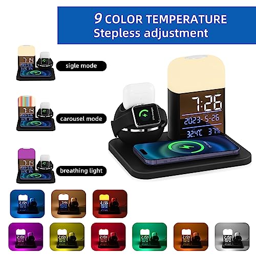Image of Wireless Charging Station with Night Light,6 in 1 Wireless Charger with Alarm Clock Compatible for iPhone14 /13 /12 /11 /X /iWatch SE /8 /7 /6 /5 /4 /3 /2 /1 /AirPods 3 /2 /1 /Pro,Charging Dock for Multiple Devices