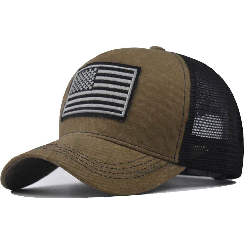 Fituenly Unisex Khaki Mesh Baseball Cap With Usa Flag Breathable Snapback Hats Outdoor Sport Caps Adjustable Trucker Hats