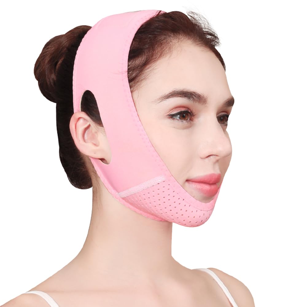 CURELIXDouble Chin Reducer, Reusable Double Chin V Line Lifting Belt with Chin Strap for Women Face Lift Mask (Pink)