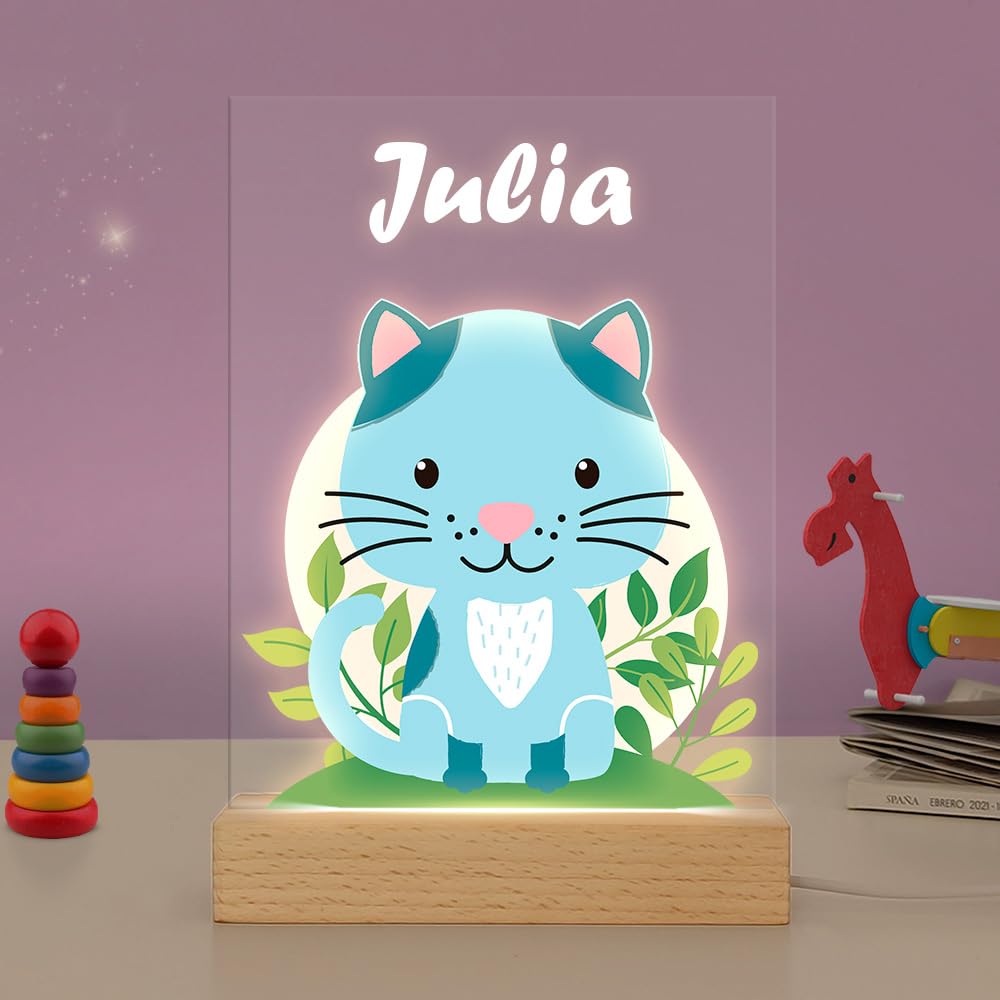 Transparent Gift Lámpara Infantil Personalizada con Nombre Gato. Luz Nocturna Quitamiedos de Mesita de Noche para Bebés. Lámparas de Metacrilato y Base de Madera. Regalos Originales para Niños y Niñas