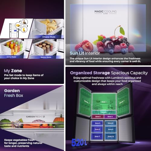 Image of Haier 520L 3Star Lumiere French Door 4-Door Side by Side Frost Free Refrigerator|Convertible|Wi-Fi|Inverter|Colourful Display Panel|My zone|Sun Lit Interior (HRB-600MGU1, Mirror Glass)