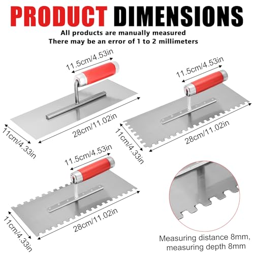 3-teilig Zahnglättekellen, Zahnkelle 8x8 mm, Edelstahl Zahnkelle 280 x 110 mm - Traufel mit Zahnung 8mm, Glättekellen, Rostfreie Gezahnt Glättekelle mit Holzgriff, Rutschfest und Langlebig, Drei Mode