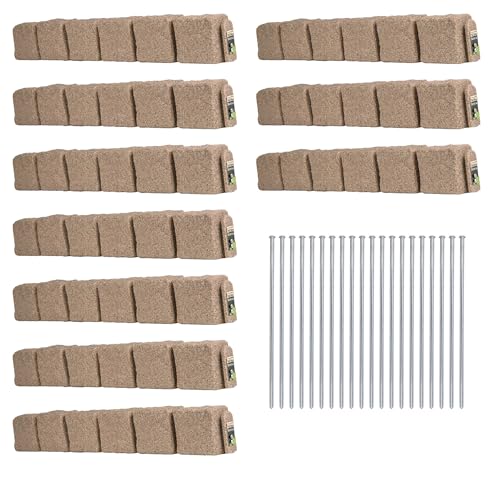 Beuta Landscape Edging | Garden Edging Border | Faux Stone Blocks for Lawn Edging, Flower Beds & Yard Edging – 10 Pack | Each Section Has 6 Blocks 48' L x 4' W x 6.5' H | 20 Spikes | Sandstone