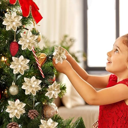 15 Pieces Glitter Poinsettia Christmas Decorations,Artificial Flowers Christmas Tree Ornaments,for New Year Wedding Xmas Wreath Home Party Decor (Gold) - Image 5