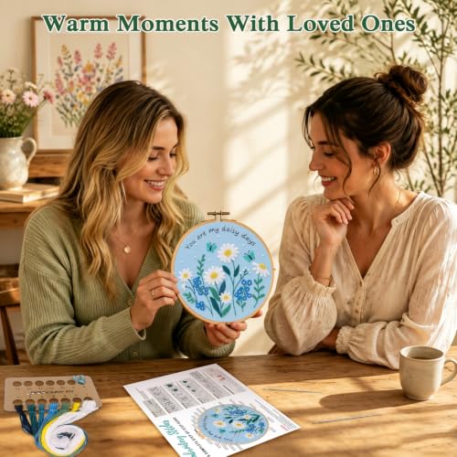 Image of Louise Maelys Daisy Quote Embroidery Kit for Beginners, Blue Floral Craft