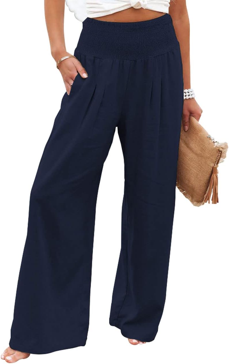 chouyatou Women's Smocked High Waisted Cotton Linen Wide Leg Pants Palazzo with Pockets