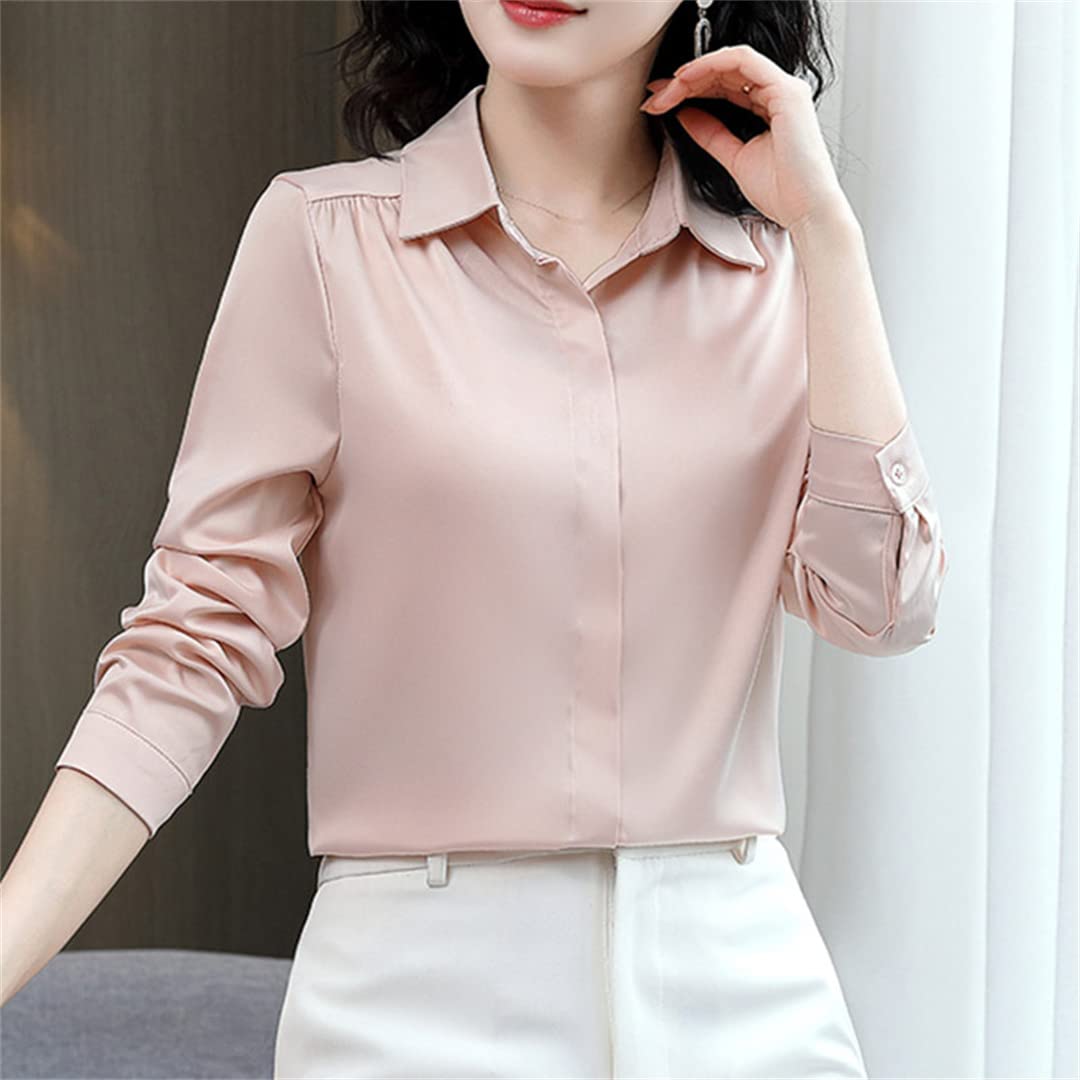 Manches Longues col en V boutonné Femmes Chemise décontracté Ample Couleur Unie Satin Blouses Soie Chemise Blanche Orange M