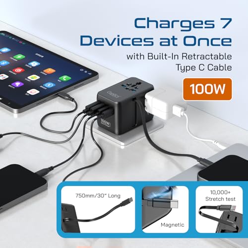 Image of Ceptics 7 in 1 Universal Travel Adapter with 100W Retractable USB-C Cable, Universal and Japan Socket Input, 2 Type A & C Ports, for Laptop /MacBook - Global Compatibility, 5-Year Warranty, Black