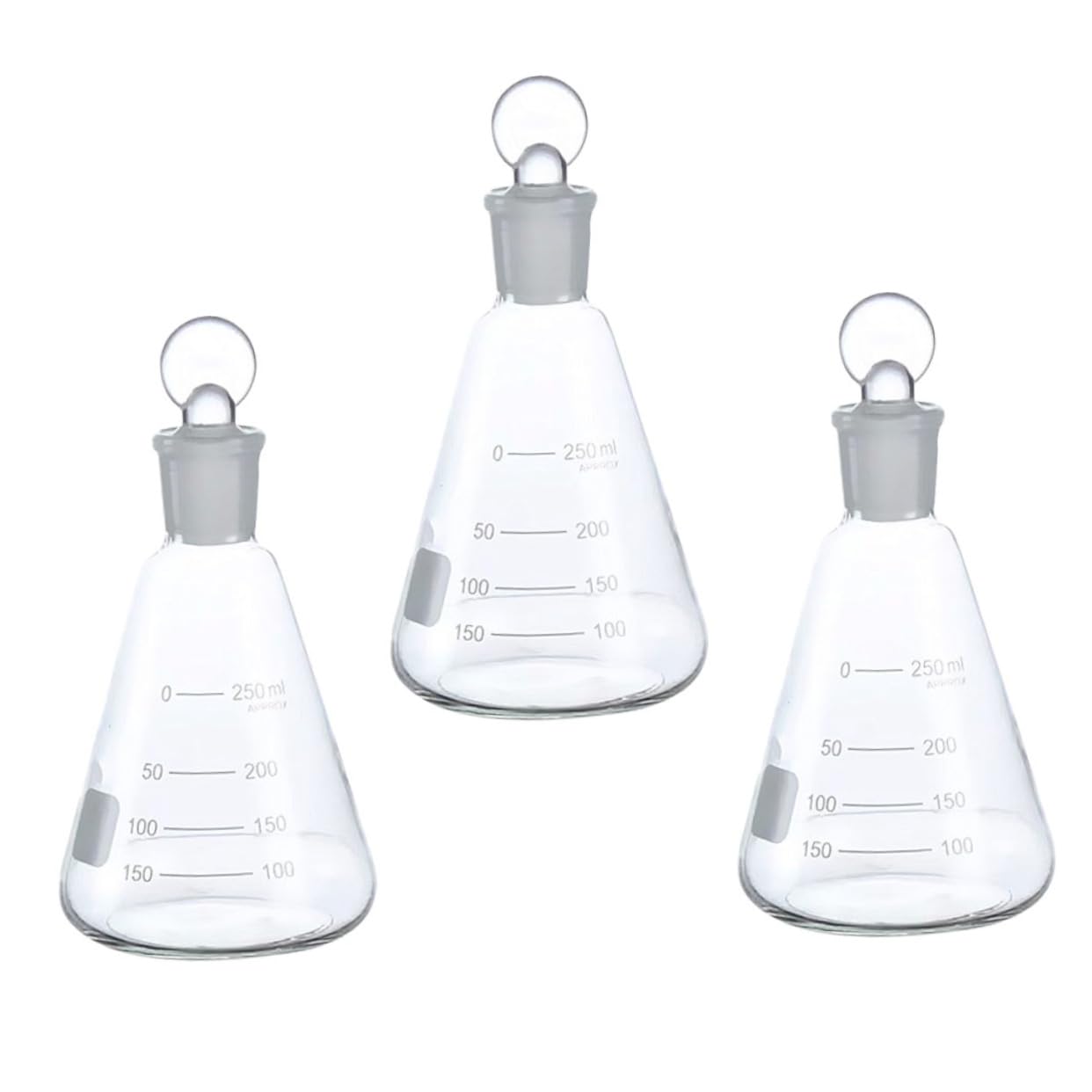Set di 3 Beute Coniche in Vetro 250ml con Tappo e Scala Chiara per Esperimenti Scolastici Strumenti per Chimica Laboratorio