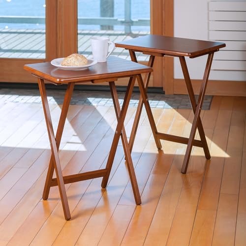 Image of Winsome Alex Set of 2 Foldable Snack Tables, Walnut | Easy to Store Small Portable Fold Up Table Set for Kitchen, Living Room TV Dining, Crafts, Puzzles, Work From Home