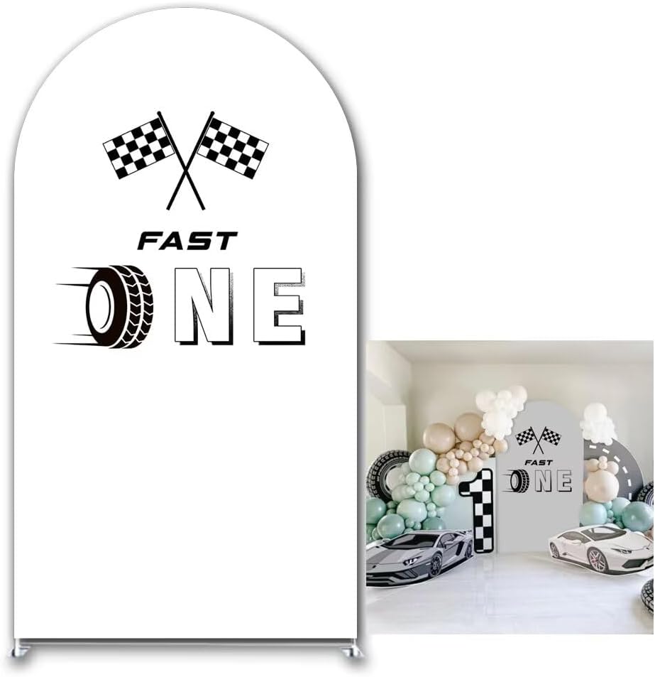 Arch Backdrop Cover 6FT Fast One Racing Car Them Spandex Arch Stand Cover for Boys Let's Go Racing Birthday Party Decoration Supplies (No Stand!)