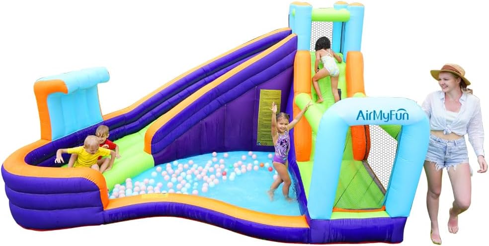 AirMyFun Pink Indoor/Outdoor Inflatable Bounce House for Kids 3-8 - Bouncy Castle with Slide, Blower, Water Pool & Ball Pit