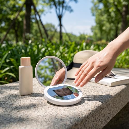 Specchio compatto da viaggio con fotocamera UV, ingrandimento 2x, specchio UV portatile con luci che controllano la protezione solare facciale specchio per il trucco LED, specchio da viaggio