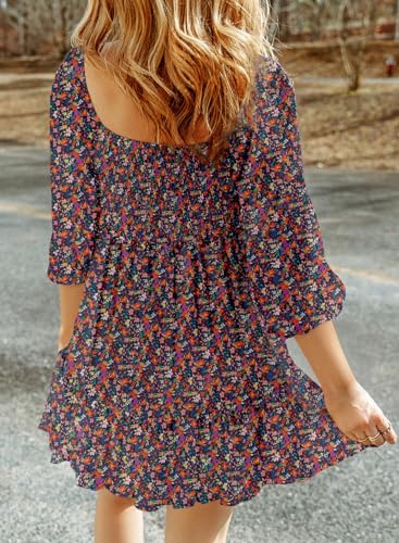 Image of Dokotoo Fall Dresses for Women 2025 Boho Floral Square Neck Smocked 3 /4 Sleeve Casual A-Line Swing Mini Dress Sundress