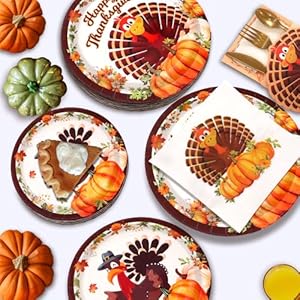194Pcs Thanksgiving Paper Plates and Napkins Cutlery Holders Thanksgiving Disposable Dinnerware Set Knives Forks Spoons Dinner Plates Dessert Plates and Napkins Turkey Party Supplies