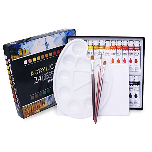 Acrylic Paint Set - 24 Color Art Kit Comes Complete With Paint Tubes, Brushes, Canvas, and Palette - Acrylics are for Beginners, Students and Professionals - Great Mothers Day Gift