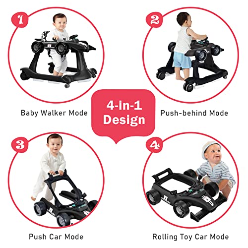 Image of BABY JOY 4-in-1 Baby Walker, Foldable Activity Walker with Adjustable Height & Speed, Music, Lights, Anti-Rollover, Toddler Push Walker, Baby Walker with Wheels for Boys Girls 6-18 Months (Black)