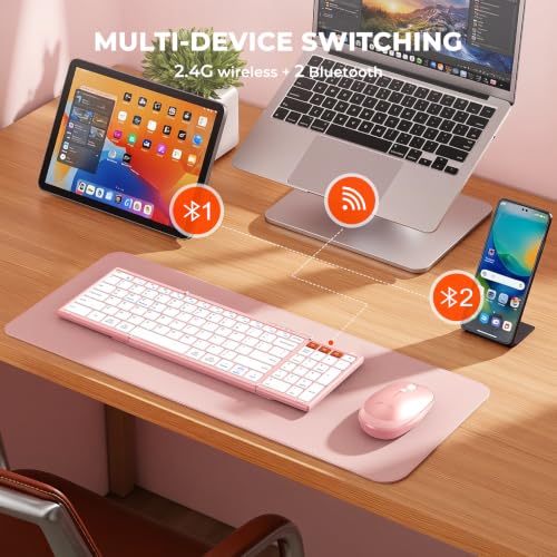 Image of MEETION Foldable Bluetooth Keyboard and Mouse, Portable Combo Pink | Slim foldable keyboard and mouse set with a soft travel pouch, rechargeable and multi-device connection for work on the go