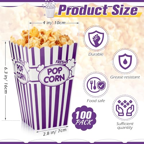 Image of Xinnun 100 Pcs Popcorn Boxes 32oz Classic Stripe Paper Buckets Disposable Oil Proof Popcorn Box Retro Open Top Container for Movie Night Supplies Theaters Carnival Birthday (Purple)