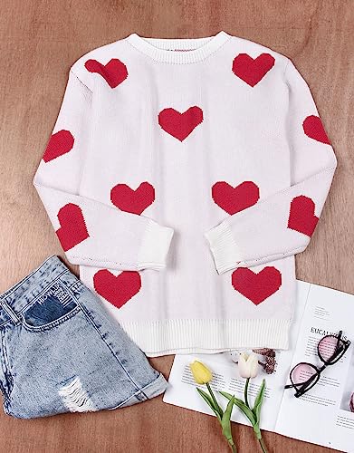 Image of Womens Cute Heart Sweater Crew Neck Long Sleeve Pullover Valentines Sweater