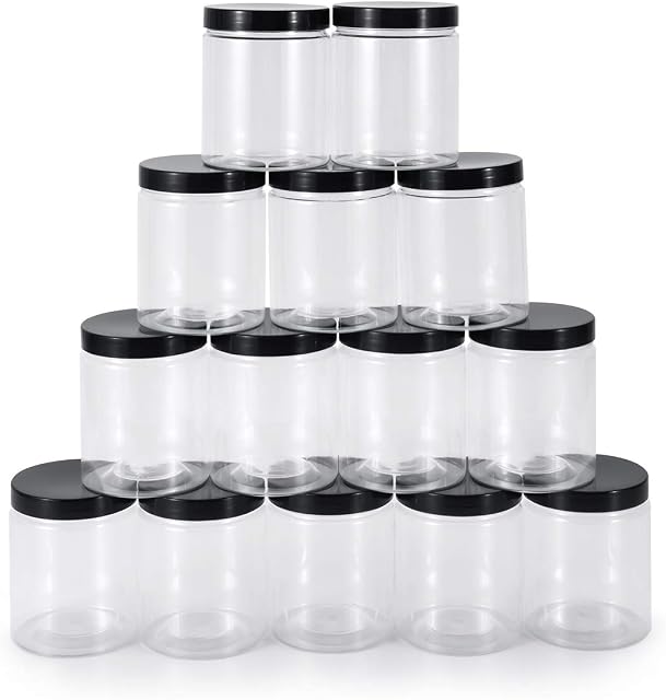 testyu 14 Pcs Plastic Jars with Black Lids, 250ml Round Plastic Storage Jars for Kitchen Groceries Spice Cosmetic Slime Crafts and Slime Making