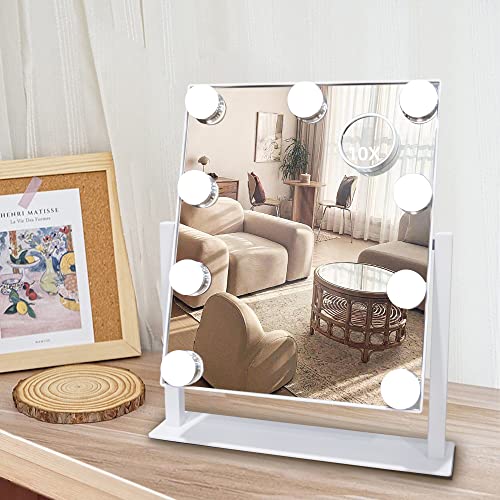 SLIMOON Hollywood Vanity Mirror with Lights, 9 Dimmable LED Bulbs Lighted Makeup Mirror with Detachable 10X Magnification Mirror, 1200mAh Rechargeable, 3 Color Lights, Touch Control
