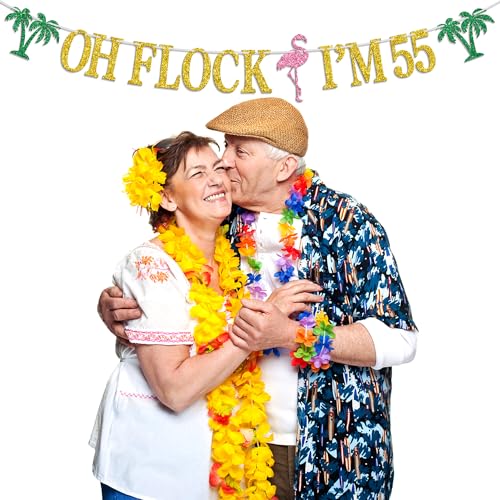 Image of Oh Flock I'm 55 Banner, Glitter Happy 55th Birthday Anniversary Party Decorations, Pineapple Party Decor, Hawaiian Luau Tropical Aloha 55 Theme Party Photo Props