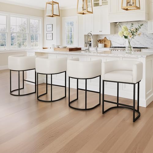 Image of LUE BONA Counter Height Bar Stools Set of 4, Modern Barrel Counter Stools with Backrest and Arms, Black Metal Frames, Faux Leather Upholstered Accent Barstools for Kitchen Island, Antique White