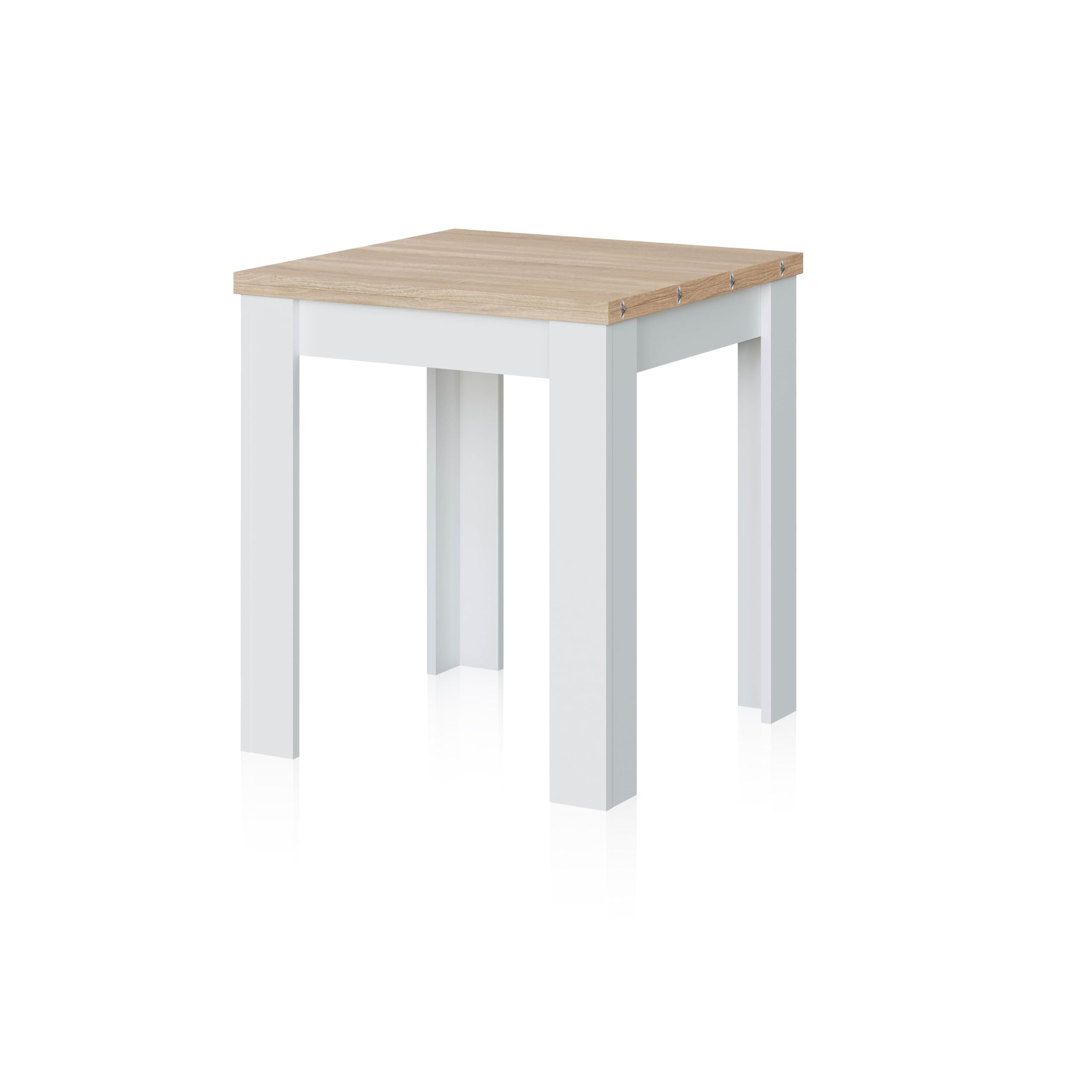 duehome | Mesa Auxiliar Extensible, Mesa Cocina, Acabado en Color Blanco Artik y Roble Canadian, Modelo Giro, Medidas: 67-134 cm (Ancho) x 67 cm (Fondo) x 79 cm (Alto)