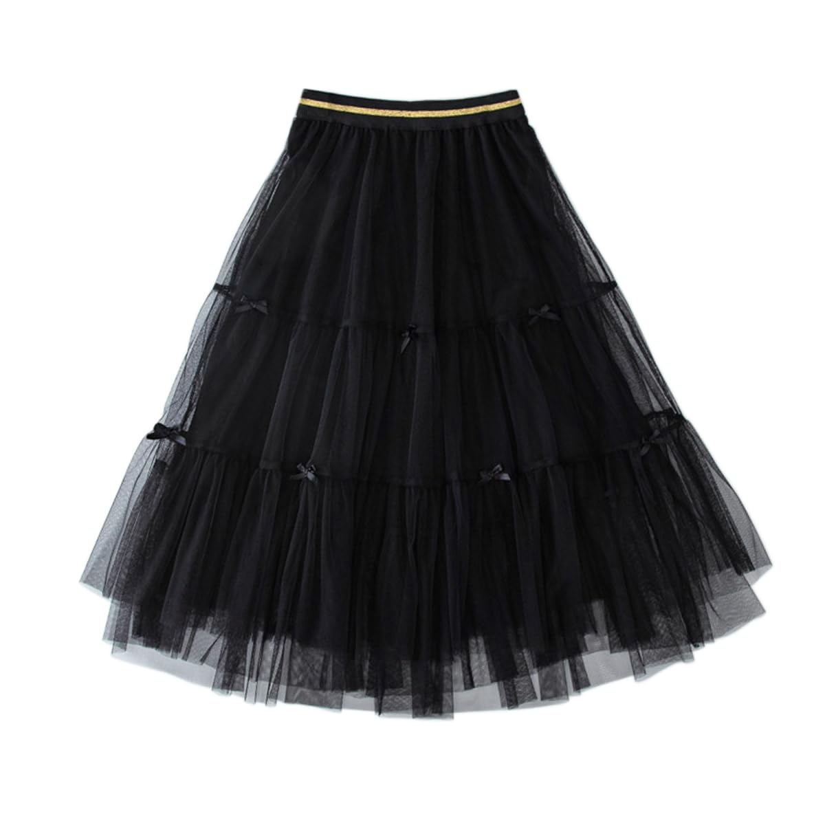 Citridarll Little Girl Tulle Pleated Skirt Mesh Elastic Waist A-Line Layered Midi Length Skirt 130, 6-7 Years,Bow Black