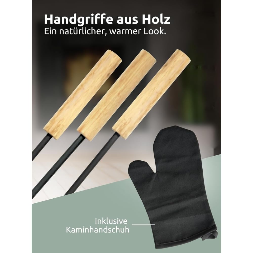 Kaminbesteck modern IGOR | 5-teilig mit Holzgriff | Schürhaken Besen Ascheschaufel | Kamingarnitur Anthrazit Ofenbesteck Kaminzubehör