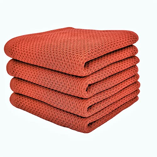ANEWAY Kitchen Towels 100% Cotton Waffle Weave Dish Towel for Cleaning Drying Dishes Extra Absorbent and Soft, Dish Cloth,13 x 28 in(Reddish Orange-4 Pack)