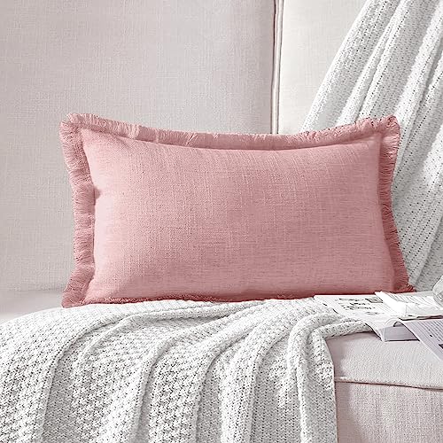 Image of ATLINIA Decor Throw Pillow Cover - 12x20 Inch Linen Lumbar Pillow Cover Decorative Farmhouse Boho Fringe Cushion Cover for Couch Sofa Bed Outdoor Pink