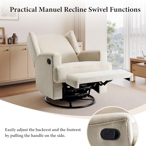 Image of Swivel Rocker Recliner Chairs Set of 2, 360 Swivel Wingback Recliner Chairs for Adults, Upholstered Glider Rocking Chair with High Back, Deep Seat for Living Romm Bedroom, Cotton Linen, Beach