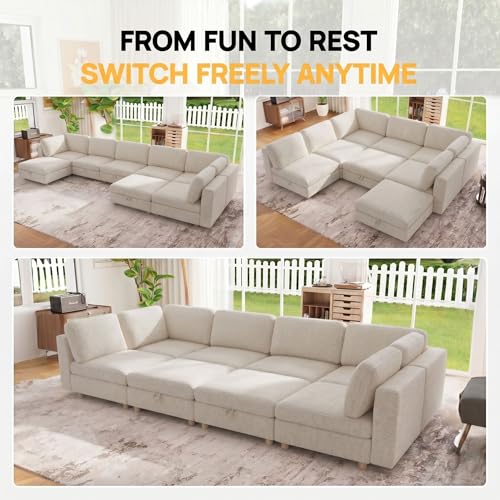 Image of 128 inch Modular Sectional Sleeper Sofa, 8 Seaters Chenille Modular Sectional Sofas, Sleeper Sofa Bed with Storage & Ottoman, Sleeper Couch with Removable Covers, Beige Sectional Couches for Living Room