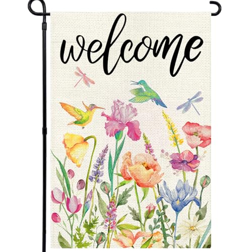 Agroon Spring Summer Garden Flag 12x18 Inch, Double Sided Colorful Flowers Birds Dragonflies Flag, Seasonal Yard Outdoor Decoration