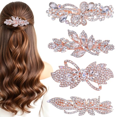 4 Pack Rose Gold Sparkly Crystal Hair Barrettes for Women Vintage Elegant Metal Rhinestone French Barrettes Butterfly Floral Leaf Bow Hairpins Non Slip Decorative Hair Accessories for Half Updo