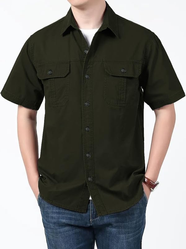 Image of SHIENZY Men's Regular Fit Solid Printed Cotton Casual Shirt || Half Sleeve, Double Pocket || Denim Jacket Style Fashionable Western Outfit
