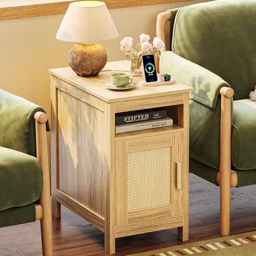 Huuger Narrow Night Stand End Table with Charging Station USB-C Port Rattan Side Table with Cabinet and Open Shelf Synthetic Rattan for Small Spaces Bedroom Natural Wood