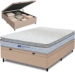 Cama Box Baú Casal Probel Espuma D33 Pillow Top 138x188x59cm Guarda Costas Lyon Branco/Bege