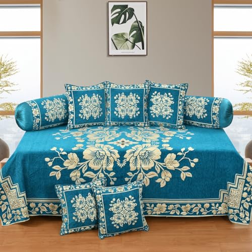 Image of Velvet L Shape Sofa Covers Set - Premium 7 Seater Sofa Slip Protector Covers for Living Room Decor - Exclusive Royal Look Heavy Fabric Slip Protector (Sky, Velvet Diwan Set (1+2+5))