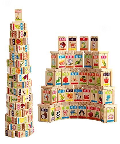 Image of Guaishou New Chinese English Language Learning Wooden Blocks Domino Children's Educational Product Wooden Toys Recognize/Identify Fruits and Animals 100pcs