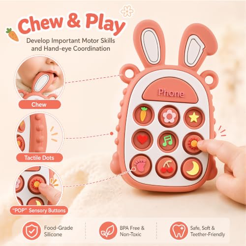 Image of Press Phone Teether for Baby Girls, Soft Silicone Teething Toy, Sensory Toy | Teething Relief, BPA-free, Freezer, for Baby 3 Months+, Cute Rabbit Design with Textures and 9 Patterns, Press & Pop for Fun!