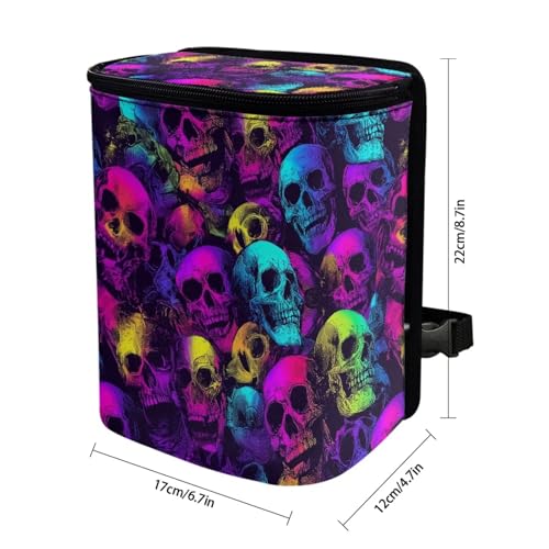 Image of Talayituse Colorful Skull Print Car Trash Bin, Large Size Auto Trash Can Adjustable Portable Garbage Can with Lid, Vehicle Hanging Bag for Headrest Front Back Seat