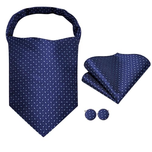 Image of Hi-Tie Silk Ascot for Men Self Tie Men's Cravat and Flower Lapel Pin Handkerchief Cufflinks Set for Wedding Party