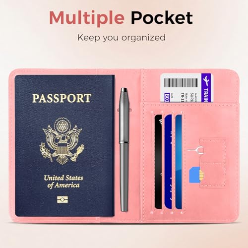 Passport Holder for Travel Women Men - Passport Cover Wallet with Airtag Slot - RFID Blocking PU Leather Passport Holder Case with Card Holder, Pen Slot - Pink2