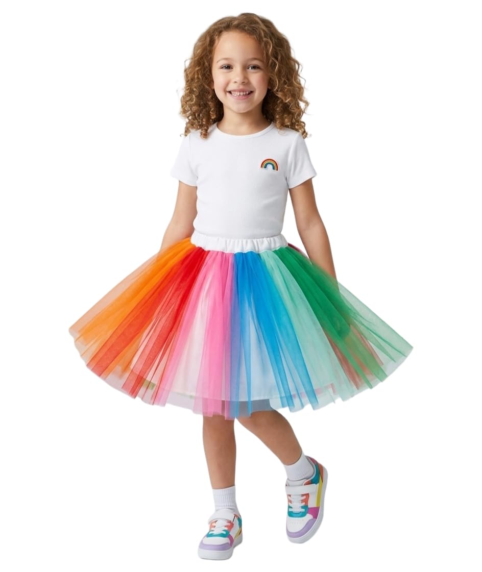 SENLIXIN Layered Skirt Girls' Mini Rainbow Tutu Skirt Bow Dance Dress Colorful Ruffle Tiered Tulle (L/ 5-8 Years, A)-image-9