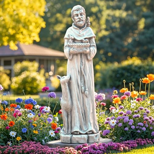 Ultym St Francis Garden Statue 36.2 Saint Francis Catholic Outdoor Statues Large Religious Christian Sculpture Decor for Prayer and Meditation Patron Saint of Animals Patio in Durable MGO Stone