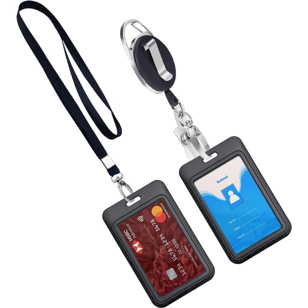 Sliding Badge Holder with Windows, 2 Set Vertical Hard Plastic Case with Lanyard Black Badge Holder with Reel Clip Card Protector Pouch Waterproof ID Card Holder for ID Clip,id Credit Cards